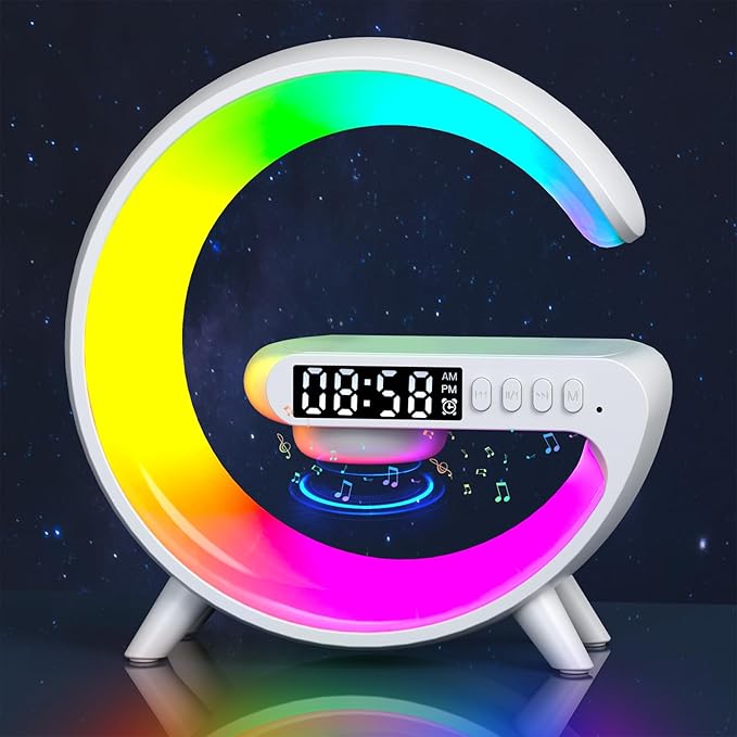 Smart LED Table Lamp, 4-in-1 Wireless Charger Smart Atmosphere Lamp, Night Light, Bluetooth Speaker & Alarm Clock for Bedroom, Office, and Home Decor(White)