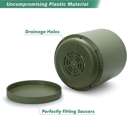 D'vine Dev 16 Inch Plastic Planter Pots for Plant Pot with Drainage Hole and Seamless Saucers, Olive, 74-X-I-5