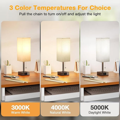aooshine Beige Small Table Lamp for Bedroom - 3 Color Temperature 3000K 5000K 4000K Bedside Lamp, Pull Chain Control, USB A and C Ports, Brown Base, Bulb Included