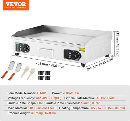 VEVOR Commercial Electric Griddle, 2800W Countertop Flat Top Grill, 122℉-572 ℉