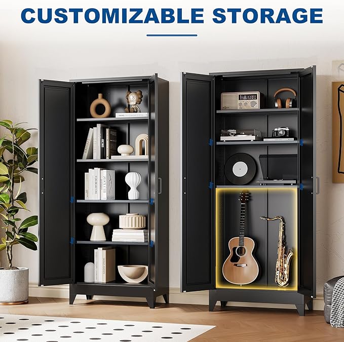 Black Tall Farmhouse Metal Pantry Linen Storage Cabinet and Organizers