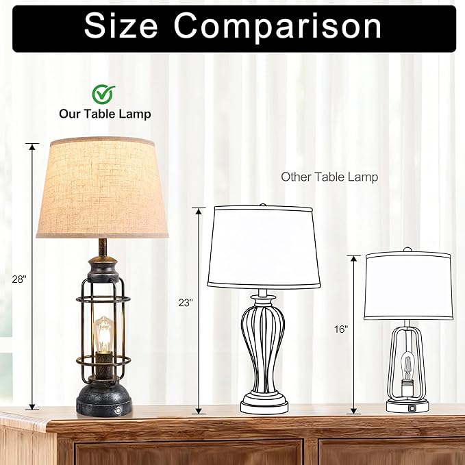 28" Table Lamps for Living Room Set of 2, 3 Way Dimmable Touch Lamps with USB A+C Ports,Farmhouse Table Lamps for Bedroom,Industrial Lamp for Living Room End Tables, 4 Bulbs Included