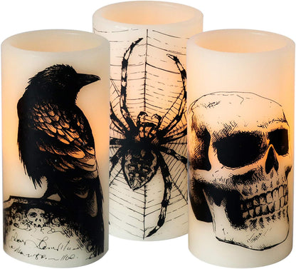 Halloween Flameless Candles with 6H Timer, LED Pillar Candles mit Skull, Spider Web, Crow Raven Decals Set of 3, Battery Operated Real Wax Candles, Halloween Decor Horror Gothic Punk