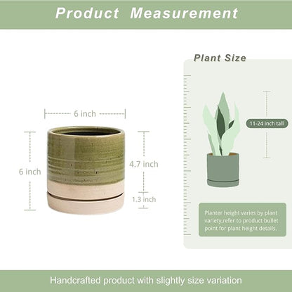 HERDUK 6 Inch Plant Pots, Ceramic Planter Pot with Drainage Hole & Saucer, Indoor/Outdoor Cylinder Round Planter Pot, Green & Beige