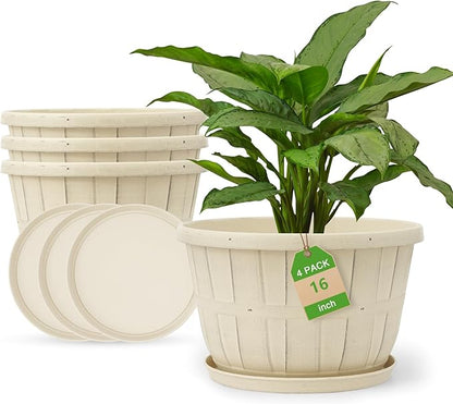 Quarut Plant Planters Pots Set of 4 Pack 16 Inch，Large Plastic Flower Pot for Indoor Plants with Drainage Holes & Trays, Whiskey Barrel Planters with Saucer for House Outdoor Garden Plant（White）