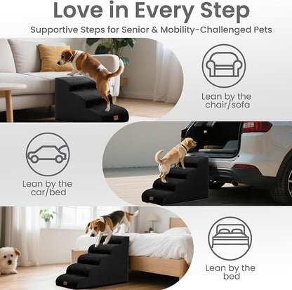GoGoBunny Ramp Dog Stairs for High Beds 22.6" H, 5-Step Dog Slope Stairs with Durable Waterproof Fabric Cover, Pet Steps for Old Large Dogs Climbing, Non-Slip Sturdy Indoor Step, Black
