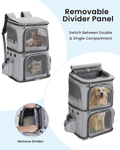 HOVONO Double-Compartment Cat Backpack Carrier for 2 Pets up to 18 lbs | 2-in-1 Pet Backpack Carrier for Small Cats & Dogs, Perfect for Traveling/Hiking /Camping/Vet Grey