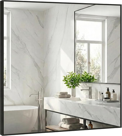 30''x30'' Square Black Bathroom Mirror, Matte Metal Framed Wall Mirror