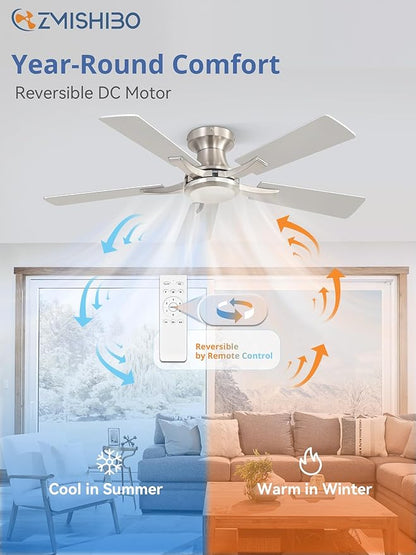 ZMISHIBO 42 Inch Ceiling Fan No Light, Flush Mount Low Profile, Modern Nickel