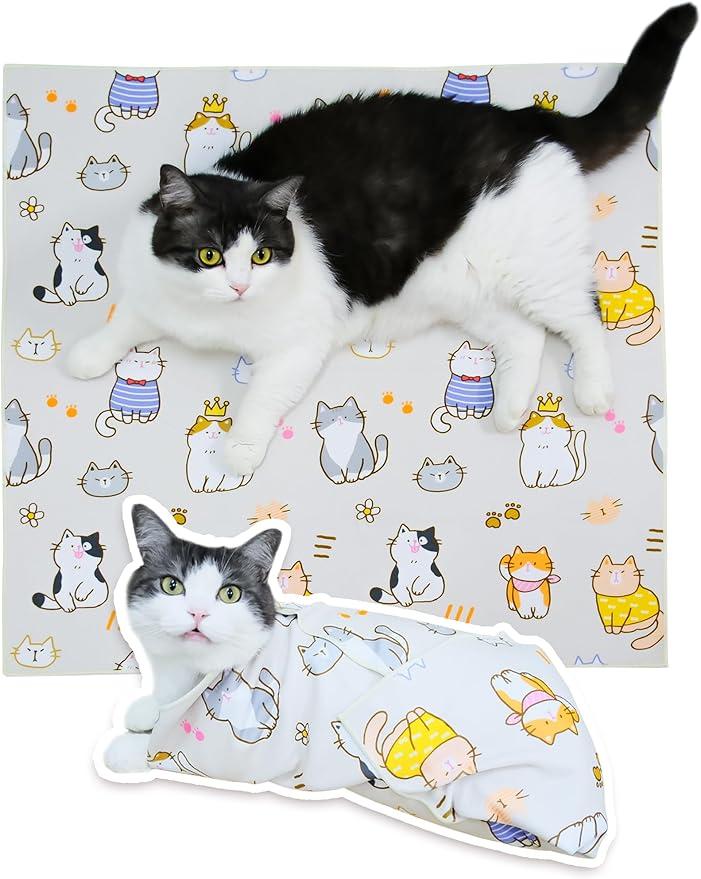 Cat Grooming Wrap for Cutting Nails, 27.6" Anti-Escape Calming Cat Swaddle Wrap for Medicine, Nail Clipping, Teeth Brushing, Ear Cleaning, Self-Adherent Burrito Restraint, (CatLand, L)