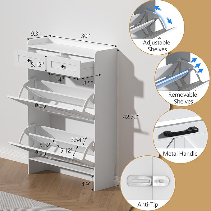 Shoe Cabinet with 2 Flip Drawers & 2 Storage Drawers, Rustic Farmhouse Narrow