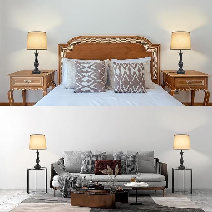 Touch Lamps for Bedrooms Set of 2, Farmhouse Table Lamp with USB C Charging Port, 3 Way Dimmable Nightstand Lamps with Linen Fabric Lampshade for Bedroom, Living Room (Pack2-Black)