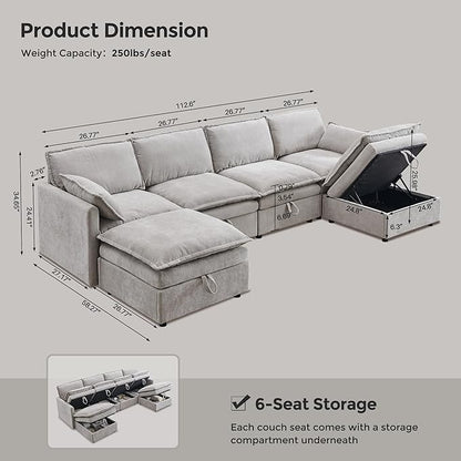 112.6" Sectional Couches for Living Room, Cloud Couch Sectional with Large Storage, U-Shape Modular Sectional Sofa with Ottoman, 6 Seater Chenille Sofa with Pillow for Apartment, Bedroom, Light Gery