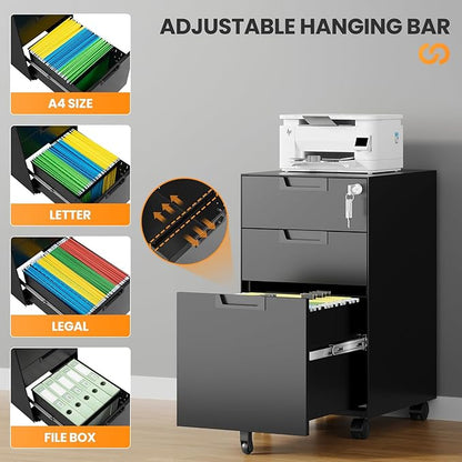 3 Drawer File Cabinet with Lock, Fully Assembled Metal Mobile Filing Cabinets
