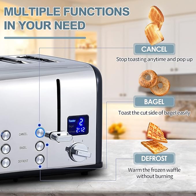 CUSIMAX 4 Slice Toaster, Stainless Steel, Ultra-Clear LED Display & Extra Wide