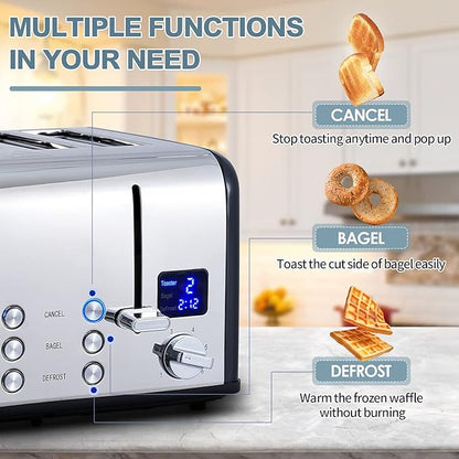 CUSIMAX 4 Slice Toaster, Stainless Steel, Ultra-Clear LED Display & Extra Wide