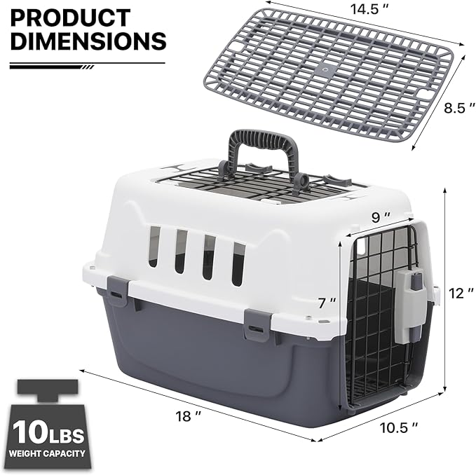MoNiBloom 18-Inch 2-Door Top Loading Cat Carrier, Plastic Dog Crate Hard-Sided Dog Travel Carrier for Small Dogs and Cats, Ventilation and Security Lock Design for Pets up to 10 lbs (Grey)