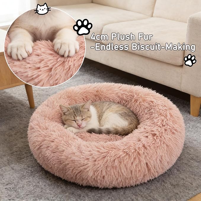 Calming Donut Dog Beds for Small Dogs Kitten - Washable Removable Cover Non-Slip Bottom, Round Pet Bed Puppy Bed Warming Fluffy Faux Fur Anti-Anxiety, Fits up to 15 lbs (Blush, 20")