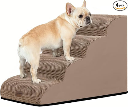 GoGoBunny Waterproof High Density Foam Curved Dog Stairs for High Beds Couches 19.7" H, 4-Step Ramp Dog Steps Friendly to Small Medium Dogs or Pets Joints, Non-Slip Balanced Durable Pet Step, Camel
