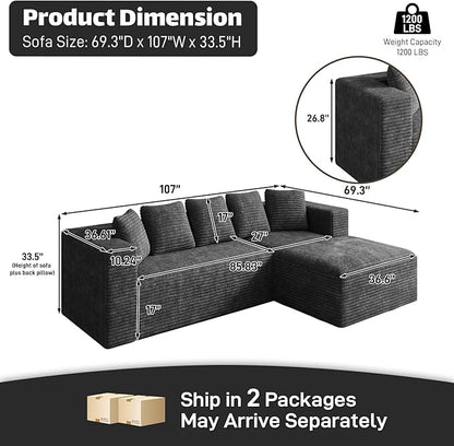 Modular Sectional Sofa, 107" L Shaped Cloud Couch Plush Corduroy Deep Seat Boneless Sofas with 5 Pillows Long Chaise Lounge Couches Memory Foam for Living Room - Dark Grey, Right Facing Chaise