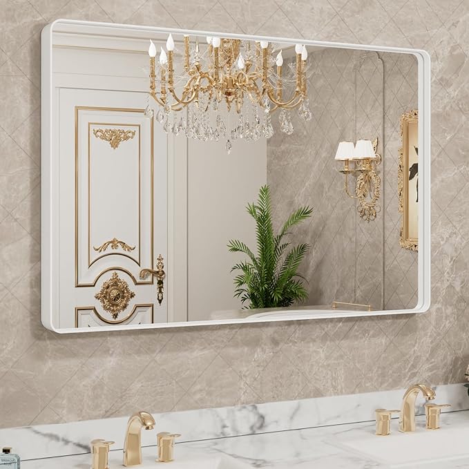 LOAAO 40x32 Inch White Metal Framed Bathroom Mirror