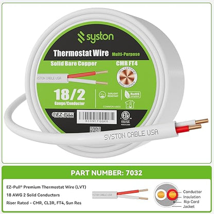 Syston 18/2 Thermostat Doorbell HVAC Heating Control Cable Wire, 18 AWG 2