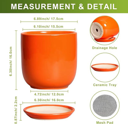 7 Inch Plant Pot - Ceramic Planter with Drainage Hole and Saucer, Modern Round Ceramic Flower Pot for Indoor Outdoor Plants, Plant Lover Gifts, Home Garden Office Decor, Orange