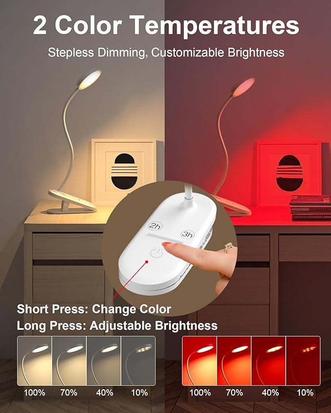SZOKLED Red Light Reading Lights for Books in Bed, Clip on Lamp with Timer & Dimmable, Rechargeable Eye Care Night Light for Bedroom, Desk, Laptop, Headboard