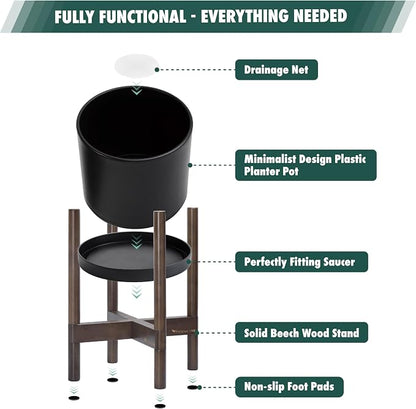 D'vine Dev Plastic Pot with Walnut Wood Stand, Black, 8 in, 55-C-I-2 | Mid-Century Inspired Design, Elevated Plant Display, Clean Lines, Sturdy Support, Modern Space-Saving Style