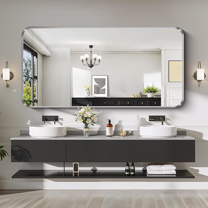 CIRCUMI Silver Bathroom Mirror, Rounded Corner, Tempered Glass, Large Mirror
