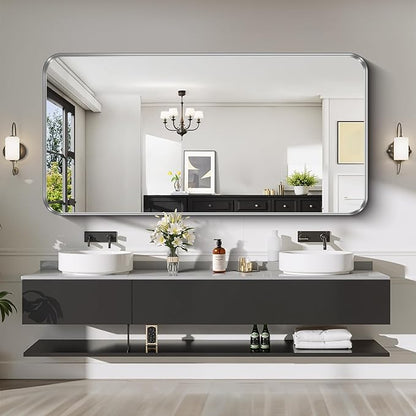CIRCUMI Silver Bathroom Mirror, Rounded Corner, Tempered Glass, Large Mirror