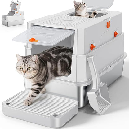 FURTIME Stainless Steel Litter Box with Lid, XL Extra Large Enclosed Cat Litter Box for Big Cats, Metal Cat Box with High Sided Enclosure & Scoop, Front & Top Entry, Odor Free, Anti-Leakage, Silver