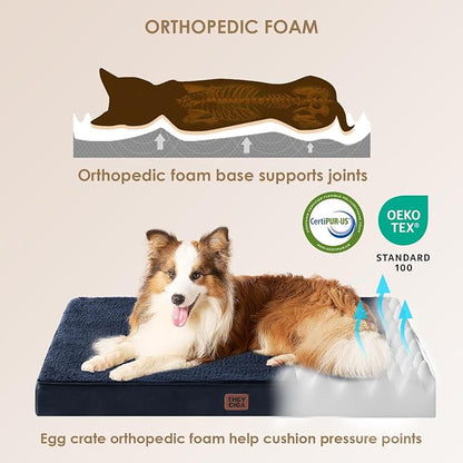 EHEYCIGA Orthopedic Dog Bed Large with Removable Washable Cover, 35IN Navy | Egg Crate Foam Support, Durable Oxford fabric, Non-Slip Bottom, Machine Washable, Soft Waterproof Plush Pet Bed Mat For Crate