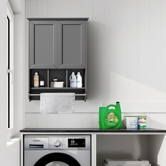Bathroom Wall Cabinet with Towel Bar, Wooden Medicine Cabinet Adjustable Shelves