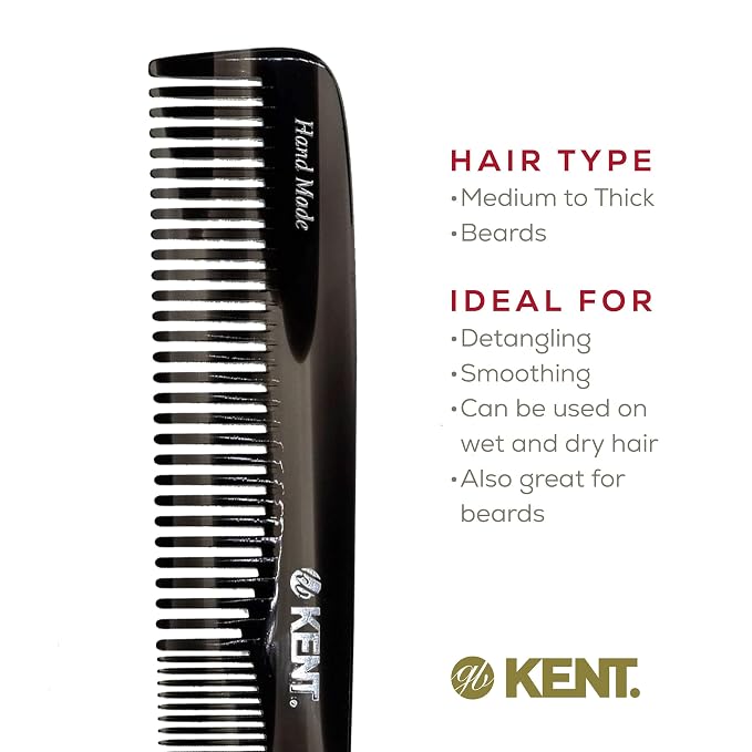 Kent 9T Black Graphite Fine Tooth and Wide Tooth Detangler Comb - Large Handmade Dressing Comb for Wet Hair and Durable Grooming, Hand Polished, Saw-Cut Made in England