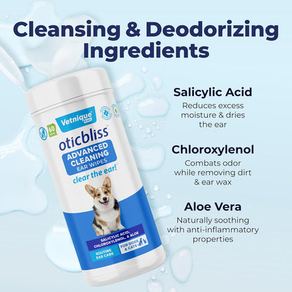 Vetnique Oticbliss Advanced Cleaning Ear Wipes for Dogs for Odor Control, Dirt and Wax Removal with Soothing Aloe Vera, Salicylic Acid & Vitamin E, (Ear Cleaning Wipes, Advanced Cleaning Large)