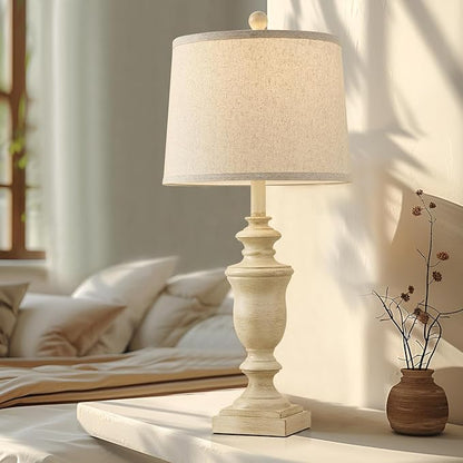 27.5" Vintage Farmhouse Table Lamps Set of 2 Bedside Lamp, 3 Way Dimmable Bedroom Lamps with 2 USB Ports +AC Outlet Nightstand Lamp Rustic Lamp (Rotary-Antique Beige)