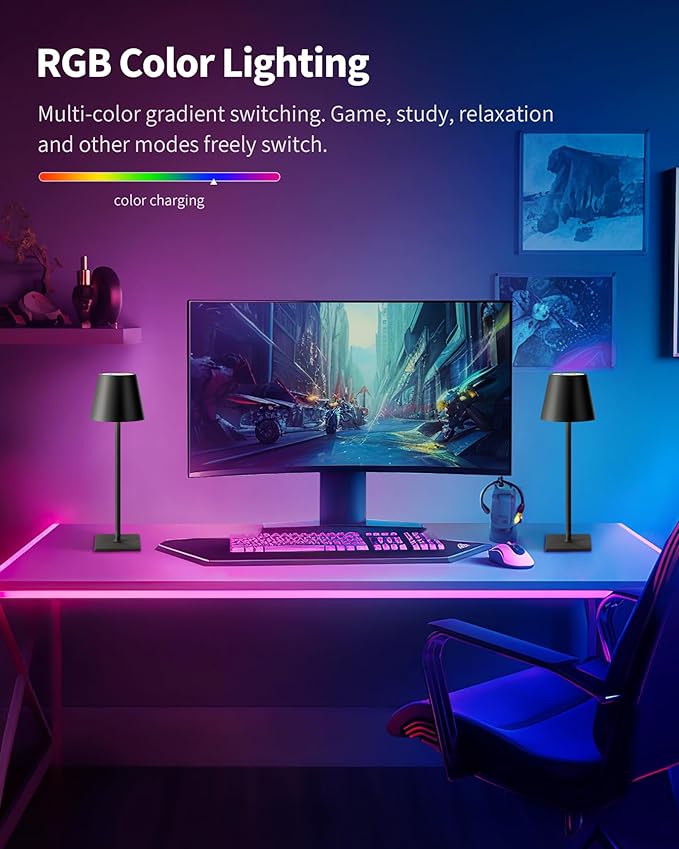 KDG 2 Pack Cordless Table Lamp, RGB Color Stepless Dimming Up, 4000mAh Battery Operated Portable LED Desk Lamp, for Dinning Room, Bedroom, Bar, Outdoor Garden, Camping, Night Light (Black)