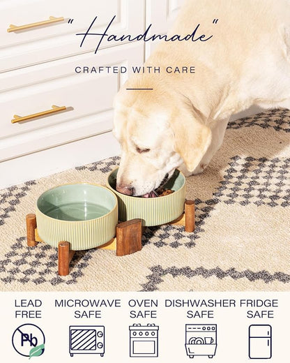 Getstar Ceramic Dog Bowls Set with Acacia Wood Stand, 3.5 Cups Pet Bowls Set of 2 for Medium Dogs, Cute Dog Food Bowl, Cat Bowls