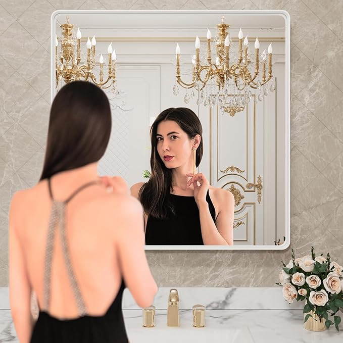 LOAAO 36x36 Inch White Metal Framed Bathroom Mirror