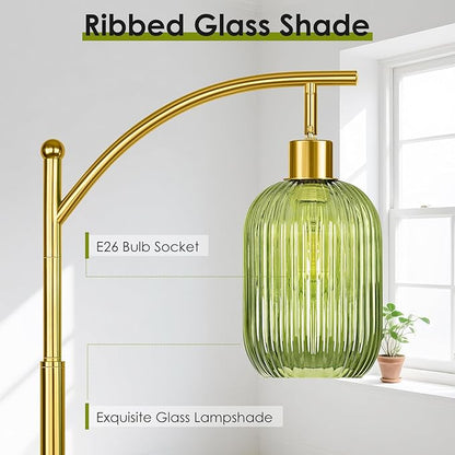 Glass Floor Lamp for Living Room, Modern Green Standing Lamp with Ribbed Glass Lampshade Pedal Switch, 67” Tall Lamp for Bedroom Study Room