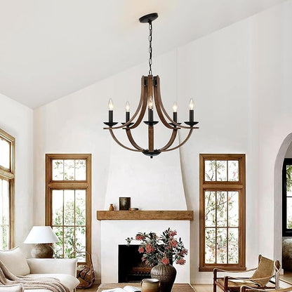 Farmhouse Chandeliers for Dining Room Light Fixture, 5-Light 24 inch Faux Wood Texture Hanging Lighting Fixtures, Rustic Candle Chandeliers for Living Room Kitchen Island Foyer Entryway