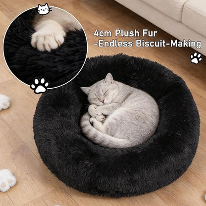 Calming Donut Dog Beds for Small Dogs Kitten - Washable Removable Cover Non-Slip Bottom, Round Pet Bed Puppy Bed Warming Fluffy Faux Fur Anti-Anxiety, Fits up to 15 lbs (Black, 20")