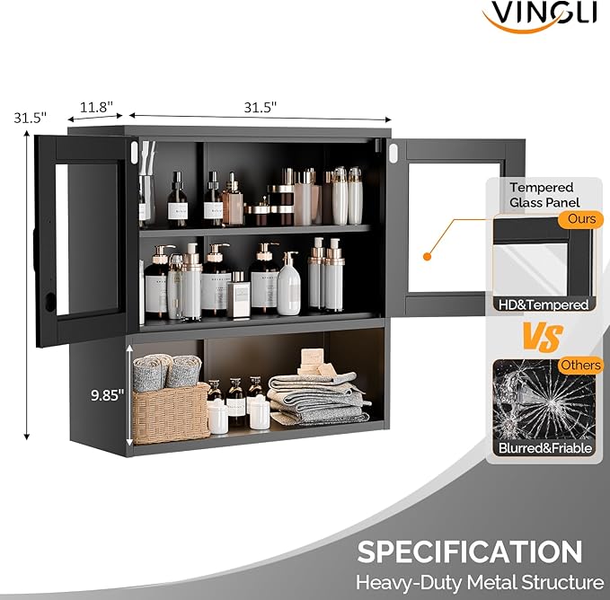 VINGLI Metal Wall Cabinet with Locking Glass Doors & Magnetic LED Sensor Light