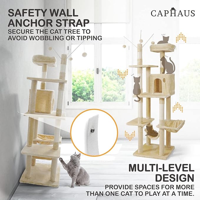 CAPHAUS Tall Climbing Modern Indoor Play Tower for Large Cats Kittens, 70-Inch with Top Perch, Cat Cave Condo, Cat Tree w Hammock, Multi-Level Cat Activity Tree w Cute Scratching Posts