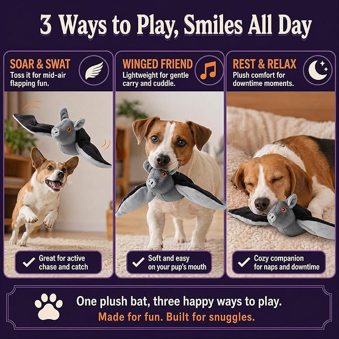 Flapping Bat Dog Toy, Flying Bat Toy for Dogs & Cat with Chirping & Flapping Wings, Interactive Rechargeable Bat Toy, Hanging Solo Play & Wand Compatible，1PC