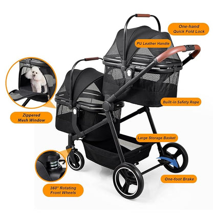 Foldable Double Pet Stroller for 2 Small Medium Cats Dogs, Lightweight Single and Double Integrated Pet Stroller with Detachable Carriers
