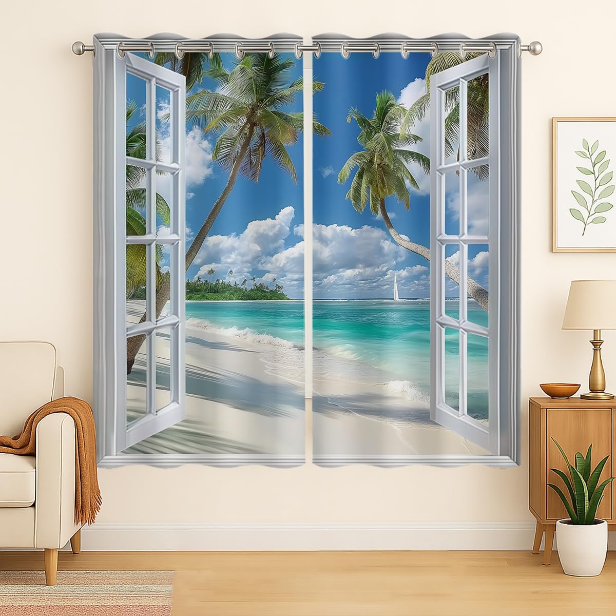 Beach Blackout Curtains for Girls Boys Teens Home Decor, Tropical Summer Scene Ocean Island Palm Tree Grommet Thermal Insulated Drapes Darkening Window Curtain for Bedroom Living Room, 42 x 63 Inch