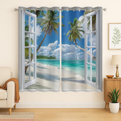 Beach Blackout Curtains for Girls Boys Teens Home Decor, Tropical Summer Scene Ocean Island Palm Tree Grommet Thermal Insulated Drapes Darkening Window Curtain for Bedroom Living Room, 42 x 63 Inch
