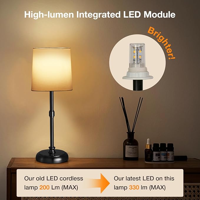 Cordless Black LED Table lamp, 5200-mAh Rechargeable Battery, 3-Level Brightness, Build-in Integrated LED 320 Lm Max, Night Lamp Ambient Light, for Bedside Restaurant Dining Table